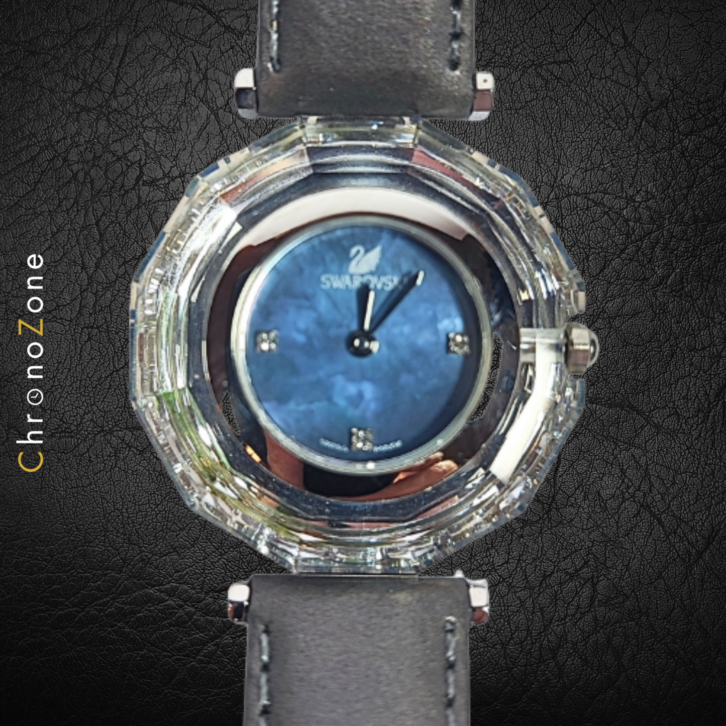 Swarovski Crystal Round watch with glass bezel and genuine leather strap - ladies' watch - Swiss Made