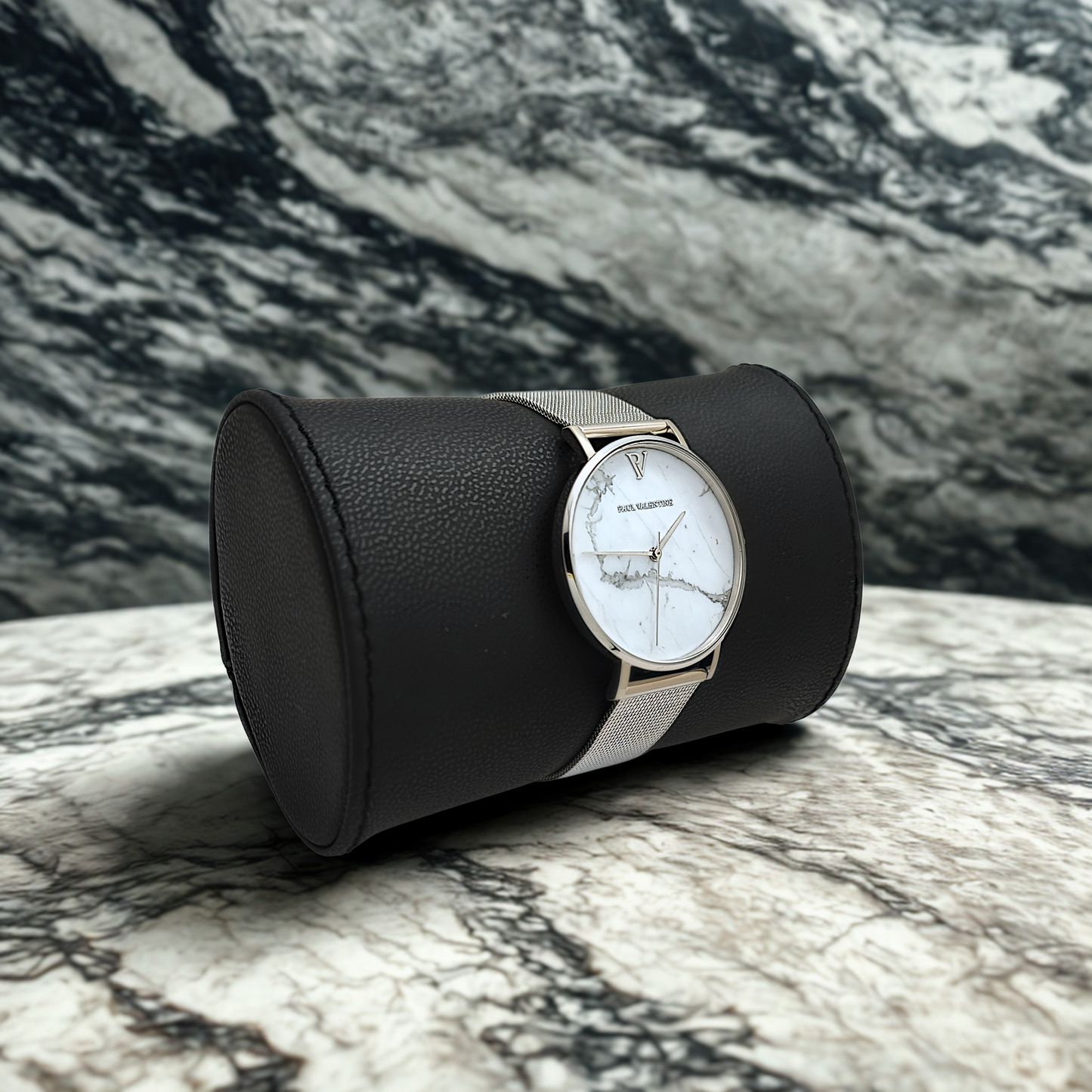 Paul Valentine - Damenuhr - Weißer Marmor - Silber Mesh - PREOWNED