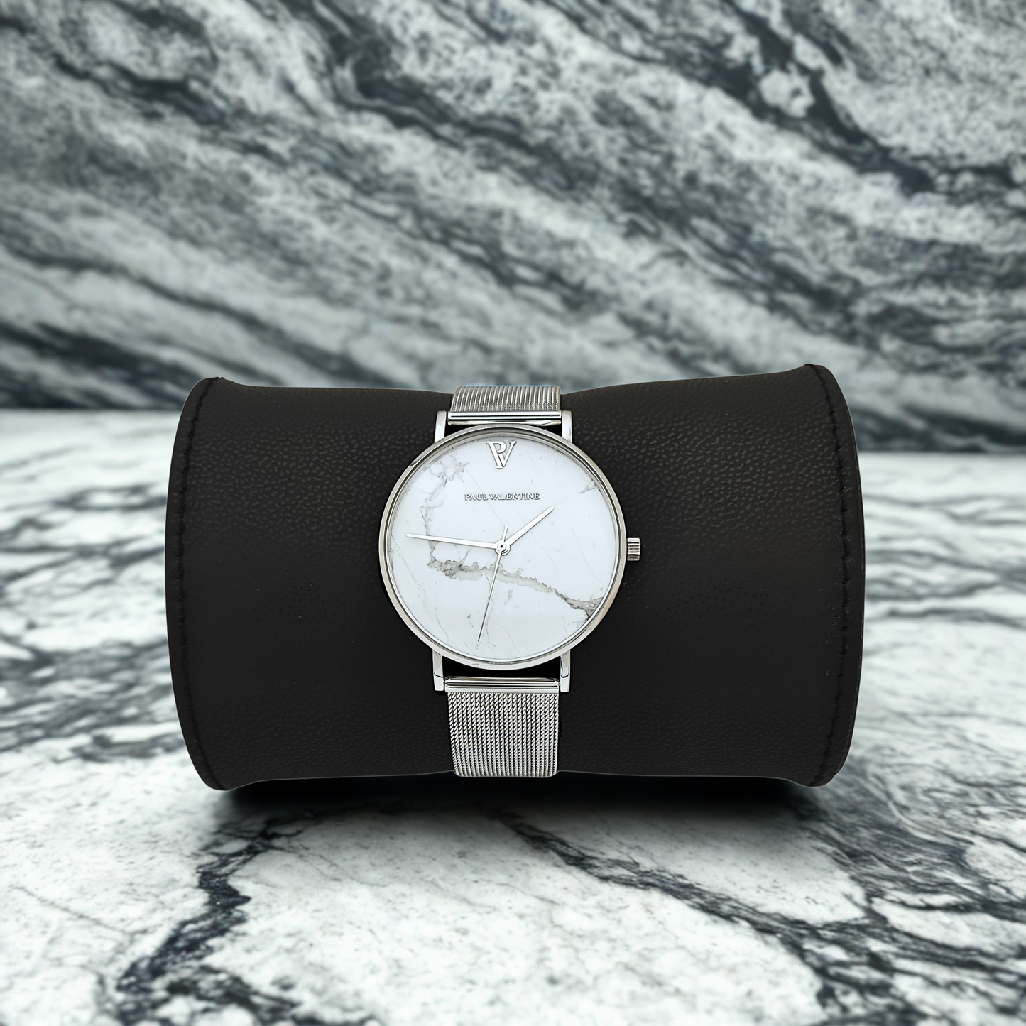 Paul Valentine - Damenuhr - Weißer Marmor - Silber Mesh - PREOWNED