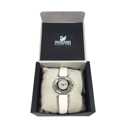 Swarovski Crystal Round watch with glass bezel and genuine leather strap - ladies' watch - Swiss Made