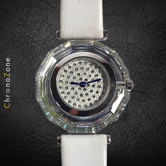 Armbanduhr Swarovski Crystal Round mit gläserner Lünette und Echtlederarmband - Damenuhr - Swiss Made