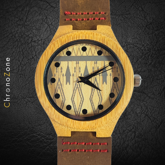 Wristwatch with wooden case, suede strap and patterned dial - ladies' watch, men's watch, unisex