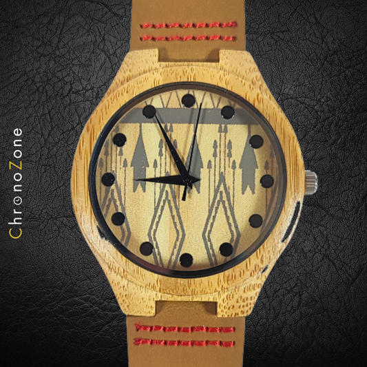 Wristwatch with wooden case, suede strap and patterned dial - Men's watch