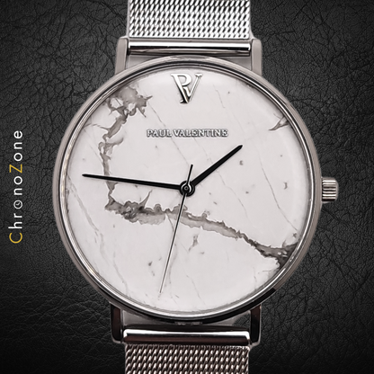 Paul Valentine - Damenuhr - Weißer Marmor - Silber Mesh - PREOWNED