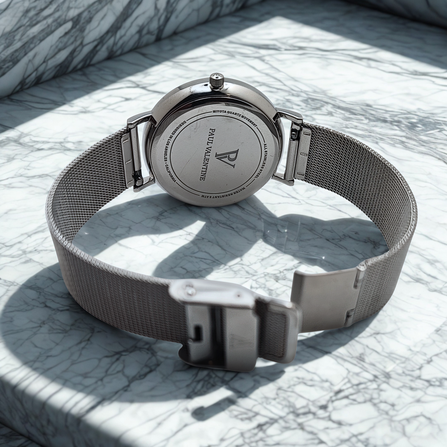 Paul Valentine - Damenuhr - Weißer Marmor - Silber Mesh - PREOWNED